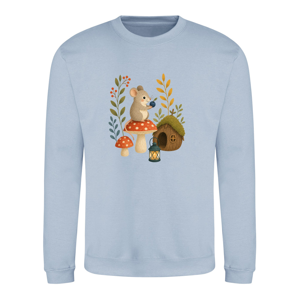 Mouse at Mushroom Cottage Adult Sweatshirt - Once Upon a Woodland Sky Blue colour variant image