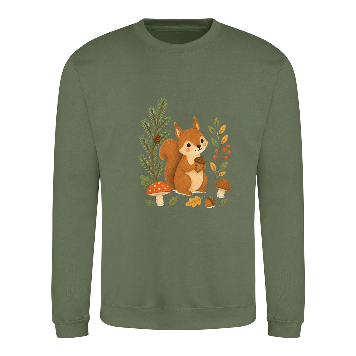 Squirrel's Autumn Store Adult Sweatshirt - Once Upon a Woodland Earthy Green colour variant image