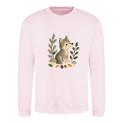 Wolf in the Winter Wood Adult Sweatshirt - Once Upon a Woodland Baby Pink colour variant image