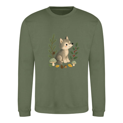 Wolf in the Winter Wood Adult Sweatshirt - Once Upon a Woodland Earthy Green colour variant image