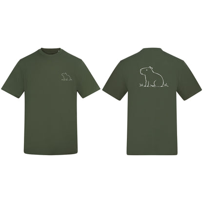Adult T-shirt | Calm Capybara on ADULT Chest Pocket | Calm Capybara on ADULT Full Back Earthy Green colour variant image
