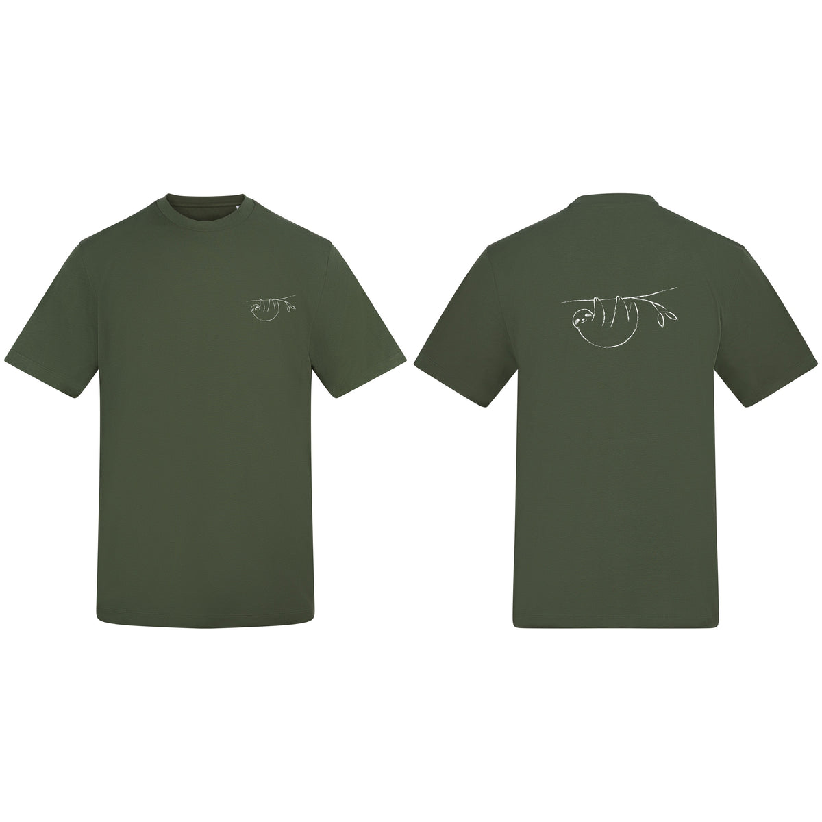 Hanging Sloth Adult Unisex T-shirt from the Wild Lines Range Earthy Green colour variant image