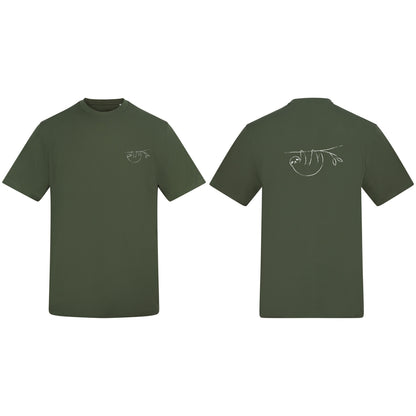Hanging Sloth Adult Unisex T-shirt from the Wild Lines Range Earthy Green colour variant image
