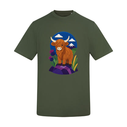 Highland Cow & Thistles Adult Unisex T-shirt - Felt & Fauna Range