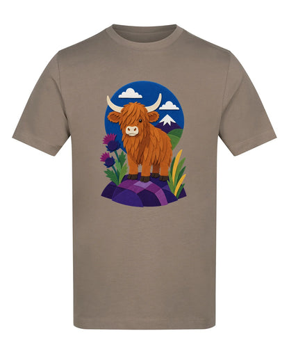 Highland Cow & Thistles Adult Unisex T-shirt - Felt & Fauna Range