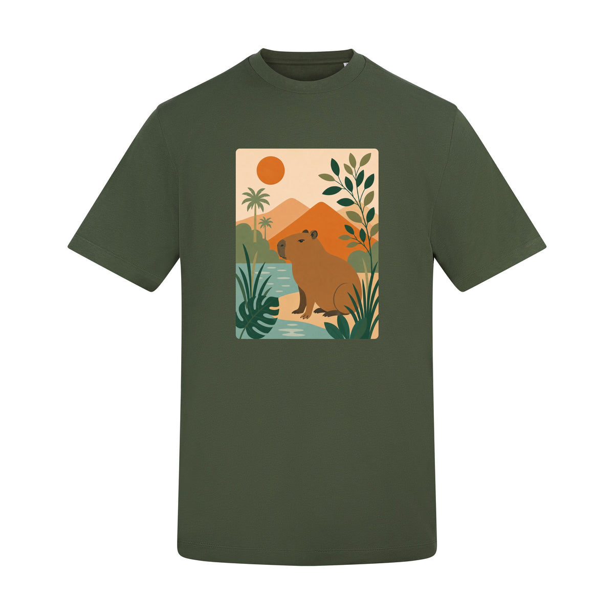 Capybara Oasis Adult Unisex T-shirt - Wild Horizons Range Earthy Green colour variant image