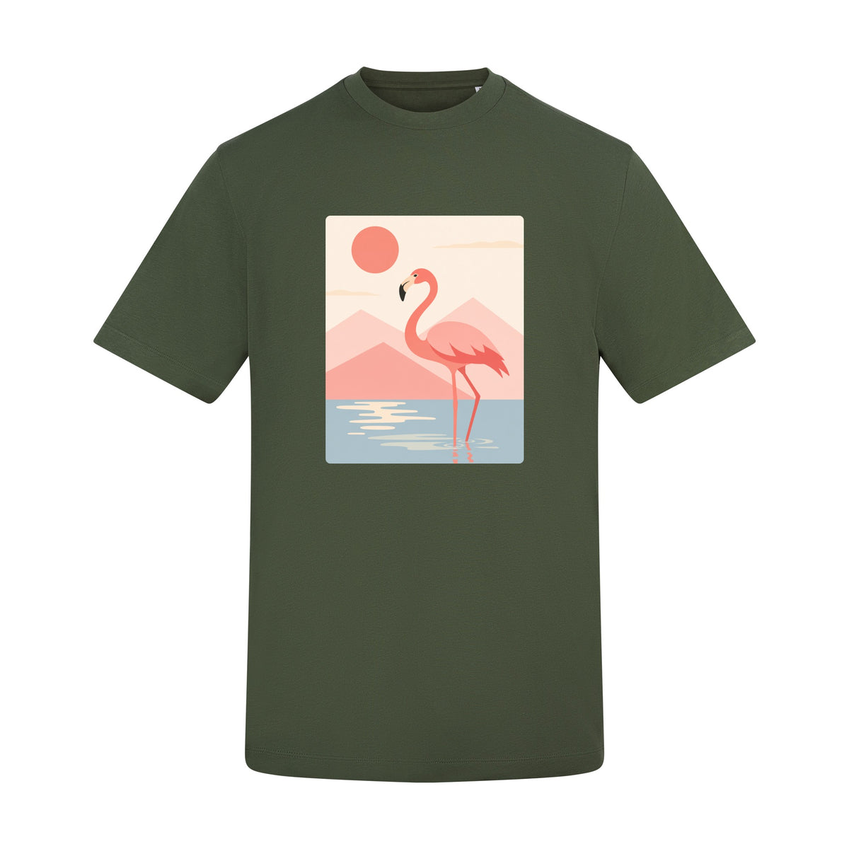 Flamingo Reflections Adult Unisex T-shirt - Wild Horizons Range Earthy Green colour variant image