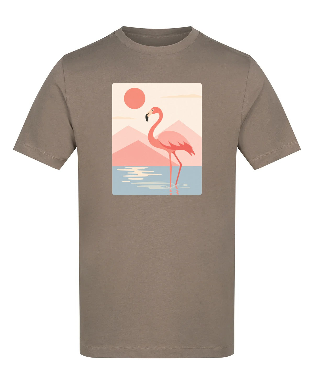 Flamingo Reflections Adult Unisex T-shirt - Wild Horizons Range Mocha Brown colour variant image
