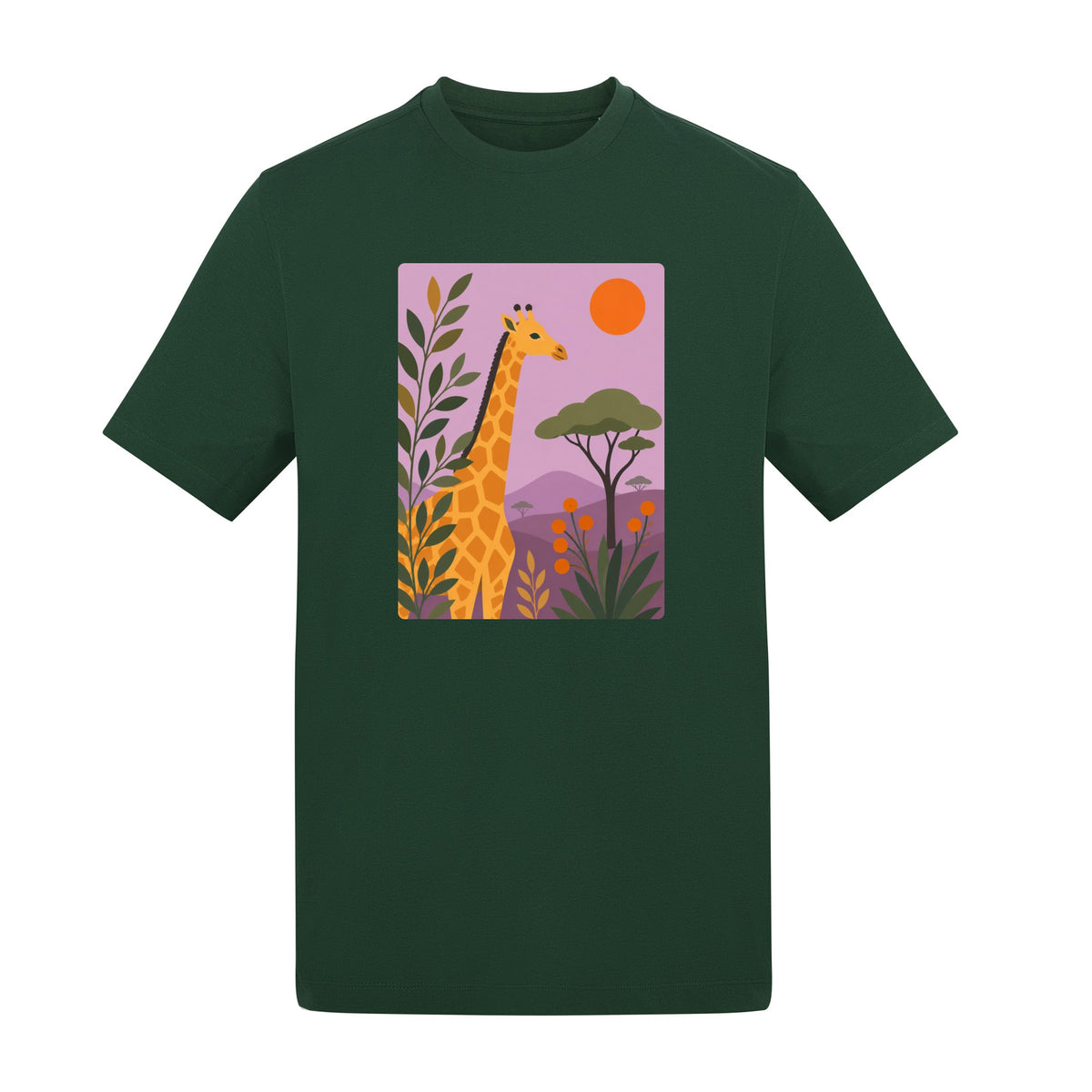 Giraffe Among the Acacias Adult Unisex T-shirt - Wild Horizons Range Bottle Green colour variant image