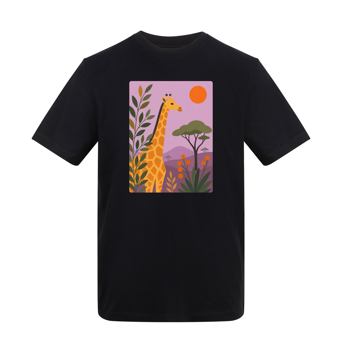 Giraffe Among the Acacias Adult Unisex T-shirt - Wild Horizons Range Deep Black colour variant image