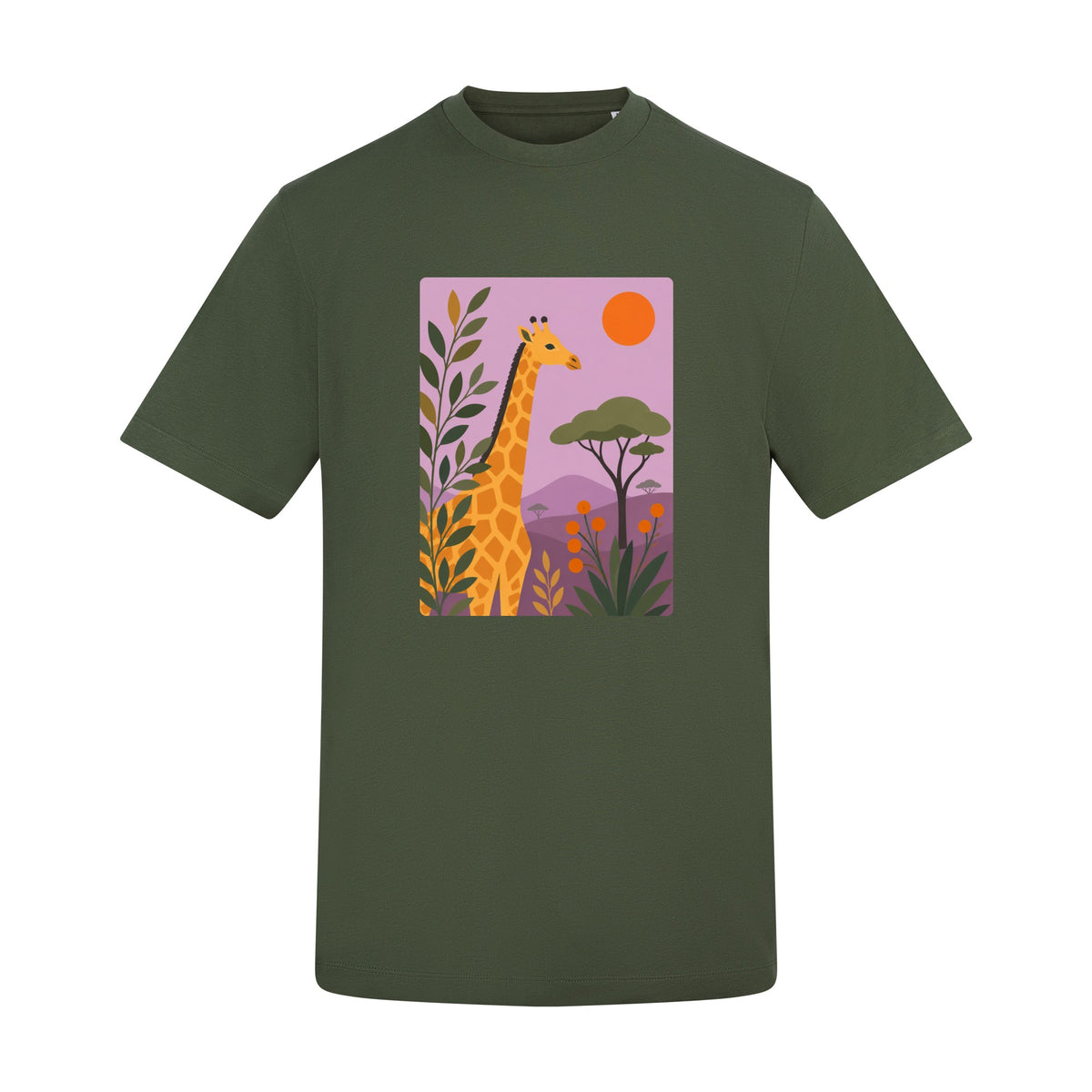 Giraffe Among the Acacias Adult Unisex T-shirt - Wild Horizons Range Earthy Green colour variant image