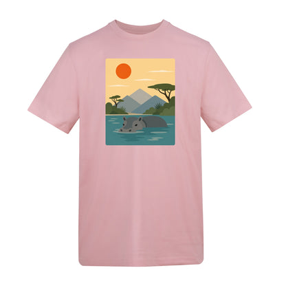 Hippo in Still Waters Adult Unisex T-shirt - Wild Horizons Range Baby Pink colour variant image
