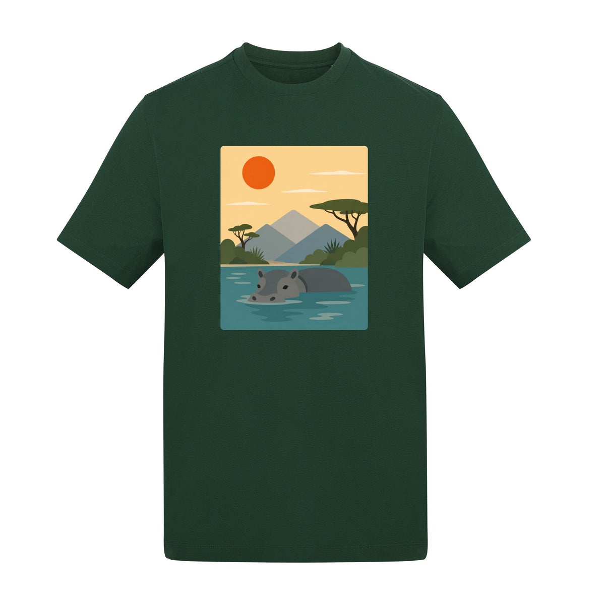 Hippo in Still Waters Adult Unisex T-shirt - Wild Horizons Range Bottle Green colour variant image