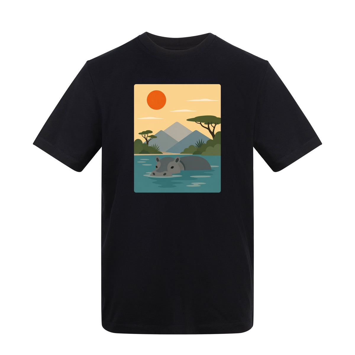 Hippo in Still Waters Adult Unisex T-shirt - Wild Horizons Range Deep Black colour variant image