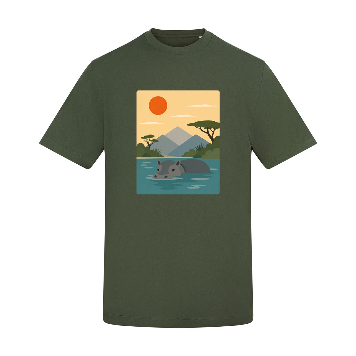 Hippo in Still Waters Adult Unisex T-shirt - Wild Horizons Range Earthy Green colour variant image