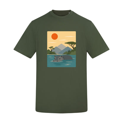 Hippo in Still Waters Adult Unisex T-shirt - Wild Horizons Range Earthy Green colour variant image