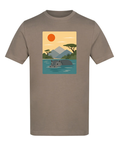 Hippo in Still Waters Adult Unisex T-shirt - Wild Horizons Range Mocha Brown colour variant image