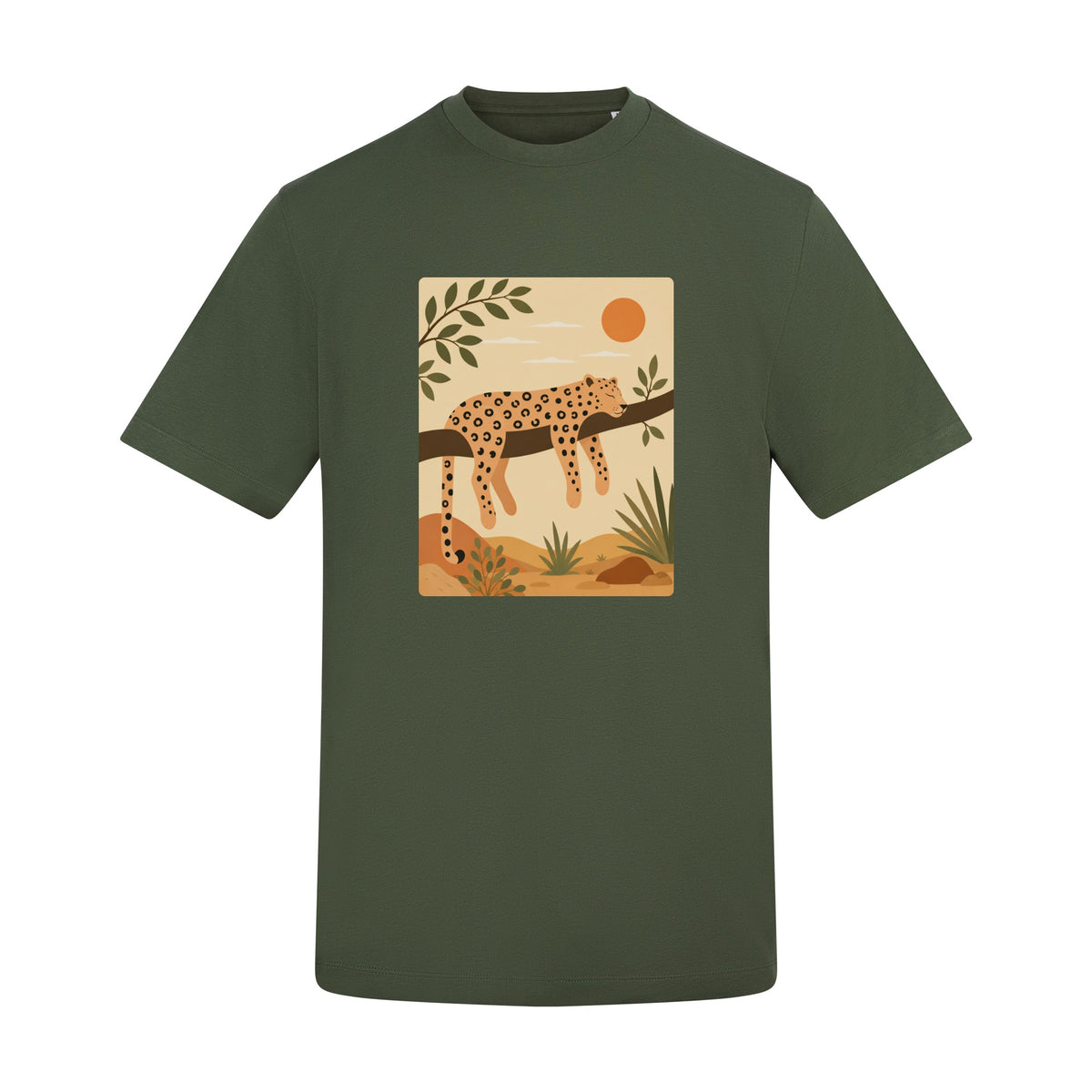 Leopard in the Shade Adult Unisex T-shirt - Wild Horizons Range Earthy Green colour variant image