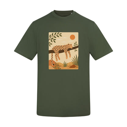 Leopard in the Shade Adult Unisex T-shirt - Wild Horizons Range Earthy Green colour variant image