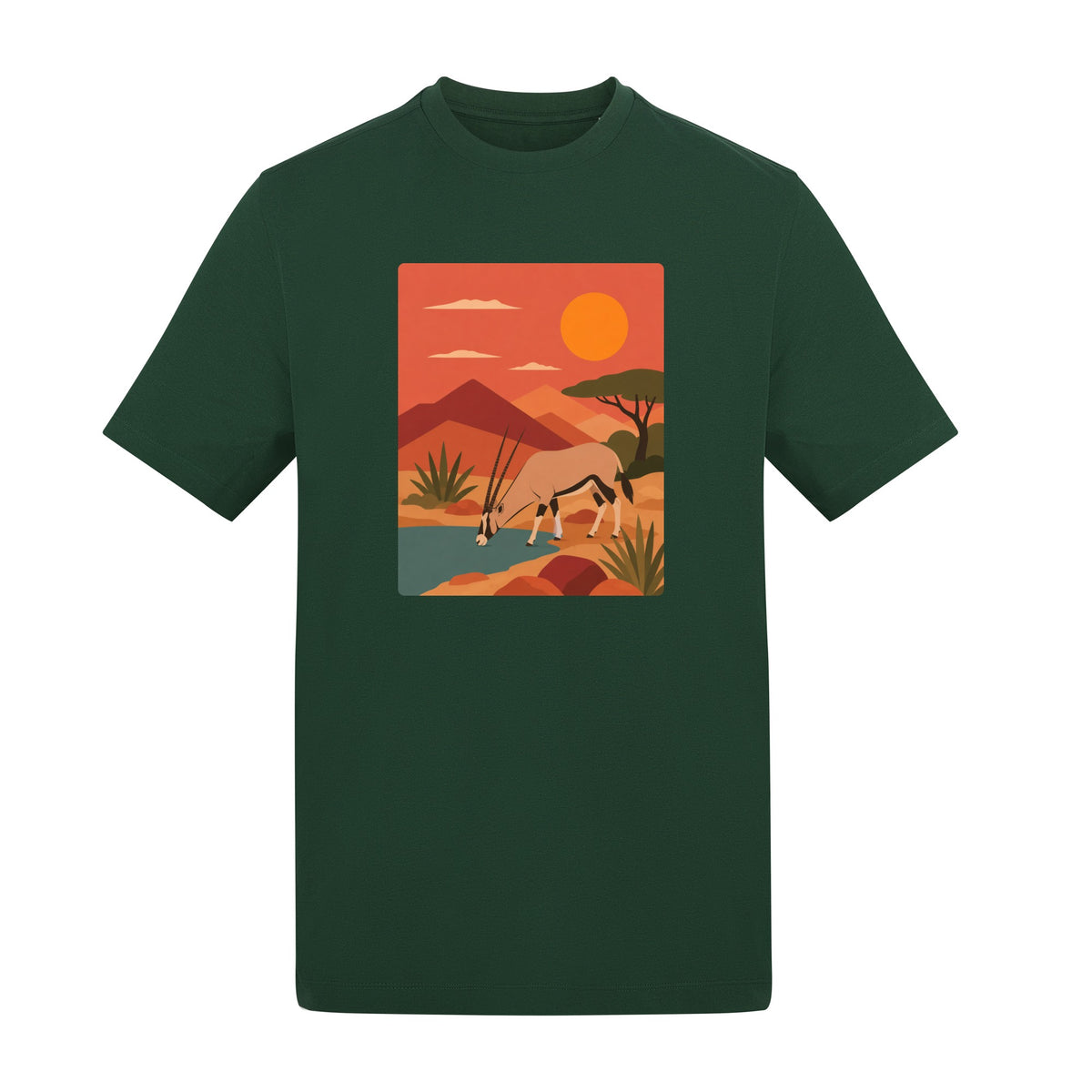 Oryx at the Waterhole Adult Unisex T-shirt - Wild Horizons Range Bottle Green colour variant image