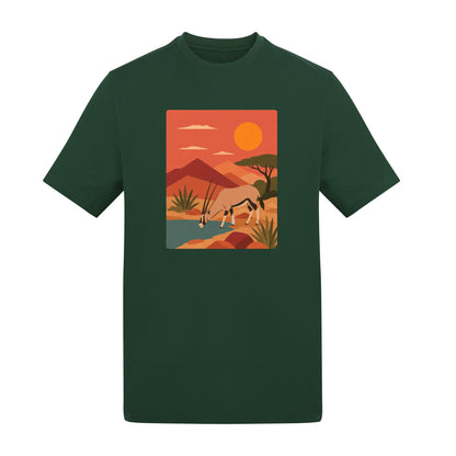 Oryx at the Waterhole Adult Unisex T-shirt - Wild Horizons Range Bottle Green colour variant image