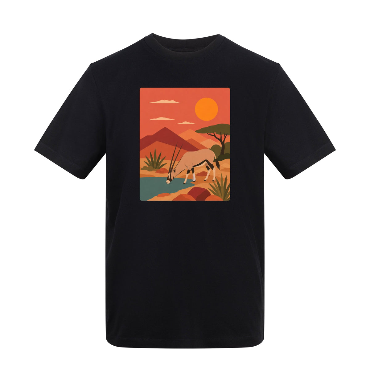 Oryx at the Waterhole Adult Unisex T-shirt - Wild Horizons Range Deep Black colour variant image
