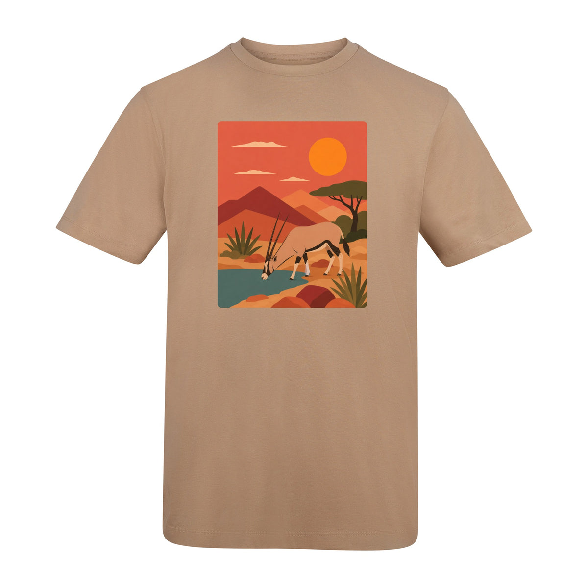 Oryx at the Waterhole Adult Unisex T-shirt - Wild Horizons Range Desert Sand colour variant image