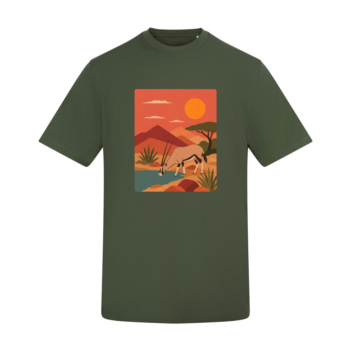 Oryx at the Waterhole Adult Unisex T-shirt - Wild Horizons Range Earthy Green colour variant image