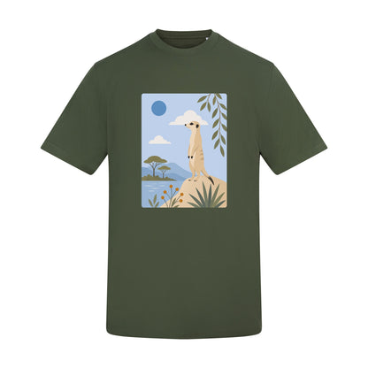 Meerkat Lookout Adult Unisex T-shirt - Wild Horizons Range Earthy Green colour variant image