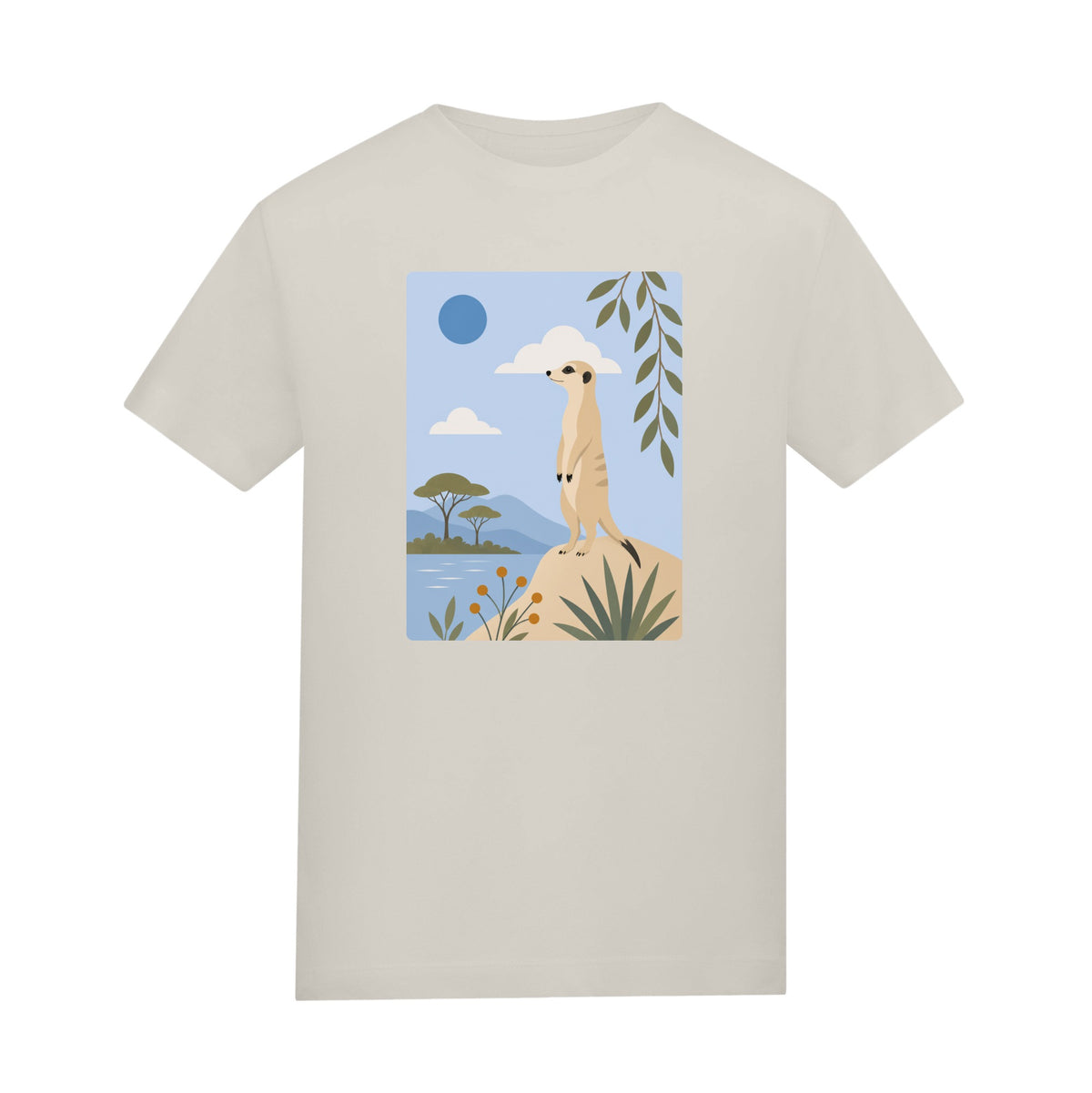 Meerkat Lookout Adult Unisex T-shirt - Wild Horizons Range Natural Stone colour variant image