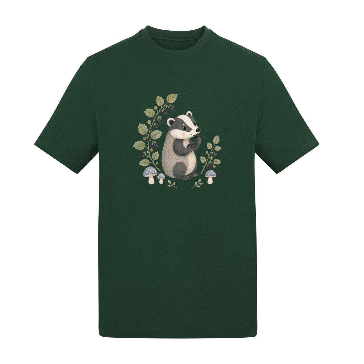 Badger's Blackberry Adult Unisex T-shirt - Once Upon a Woodland Bottle Green colour variant image
