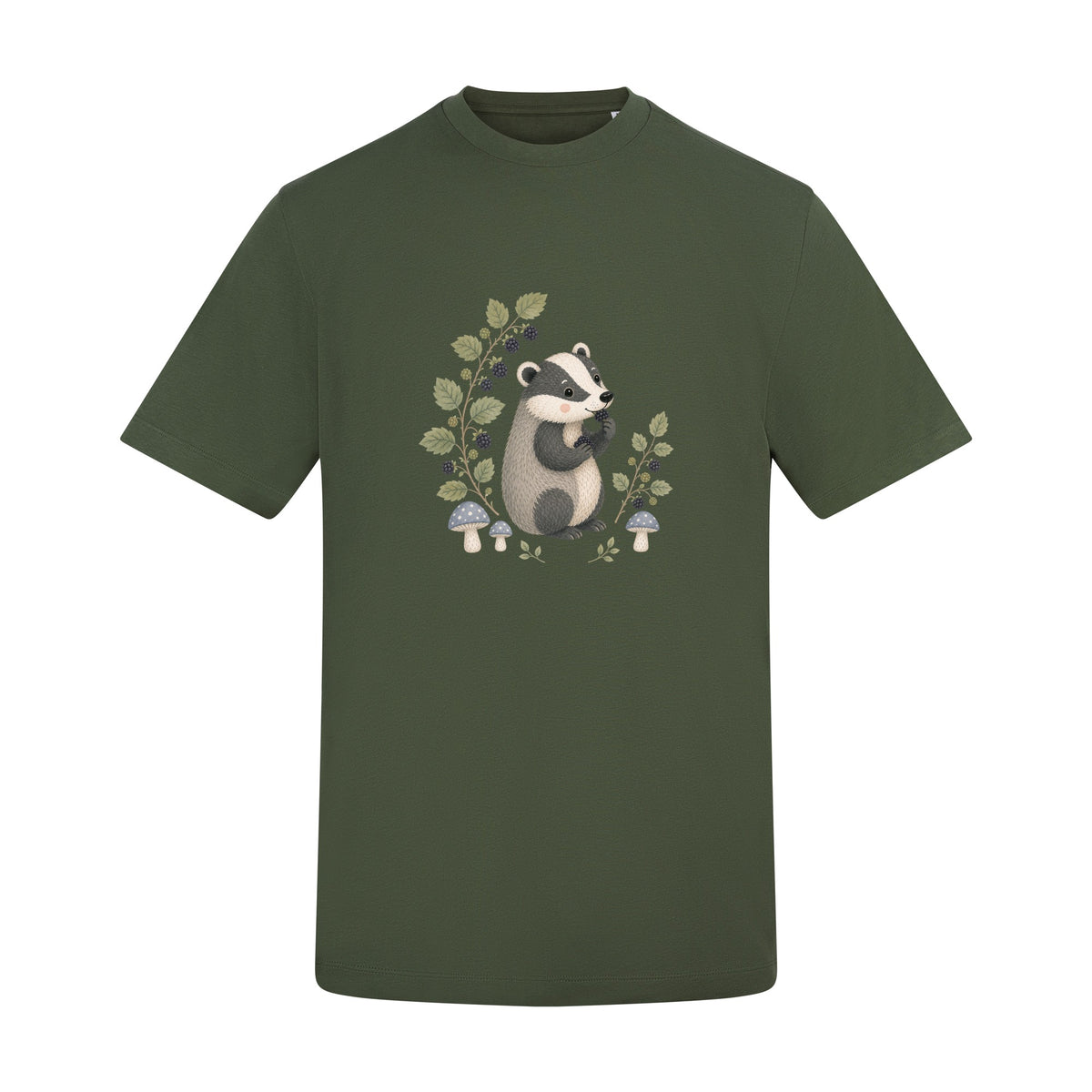 Badger's Blackberry Adult Unisex T-shirt - Once Upon a Woodland Earthy Green colour variant image