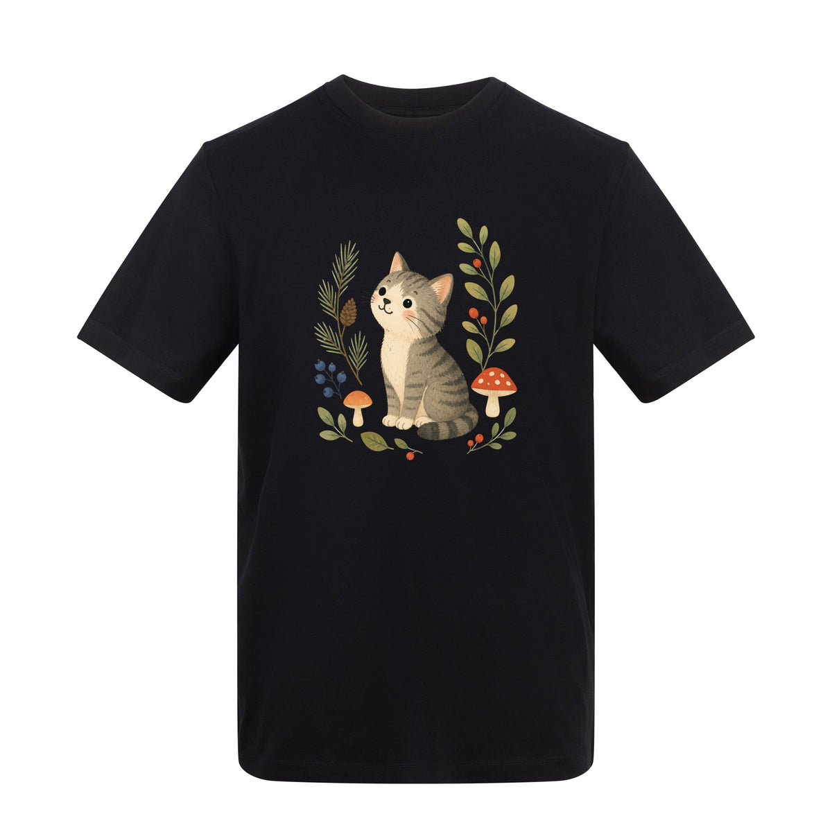 Kitten in the Pines Adult Unisex T-shirt - Once Upon a Woodland Deep Black colour variant image