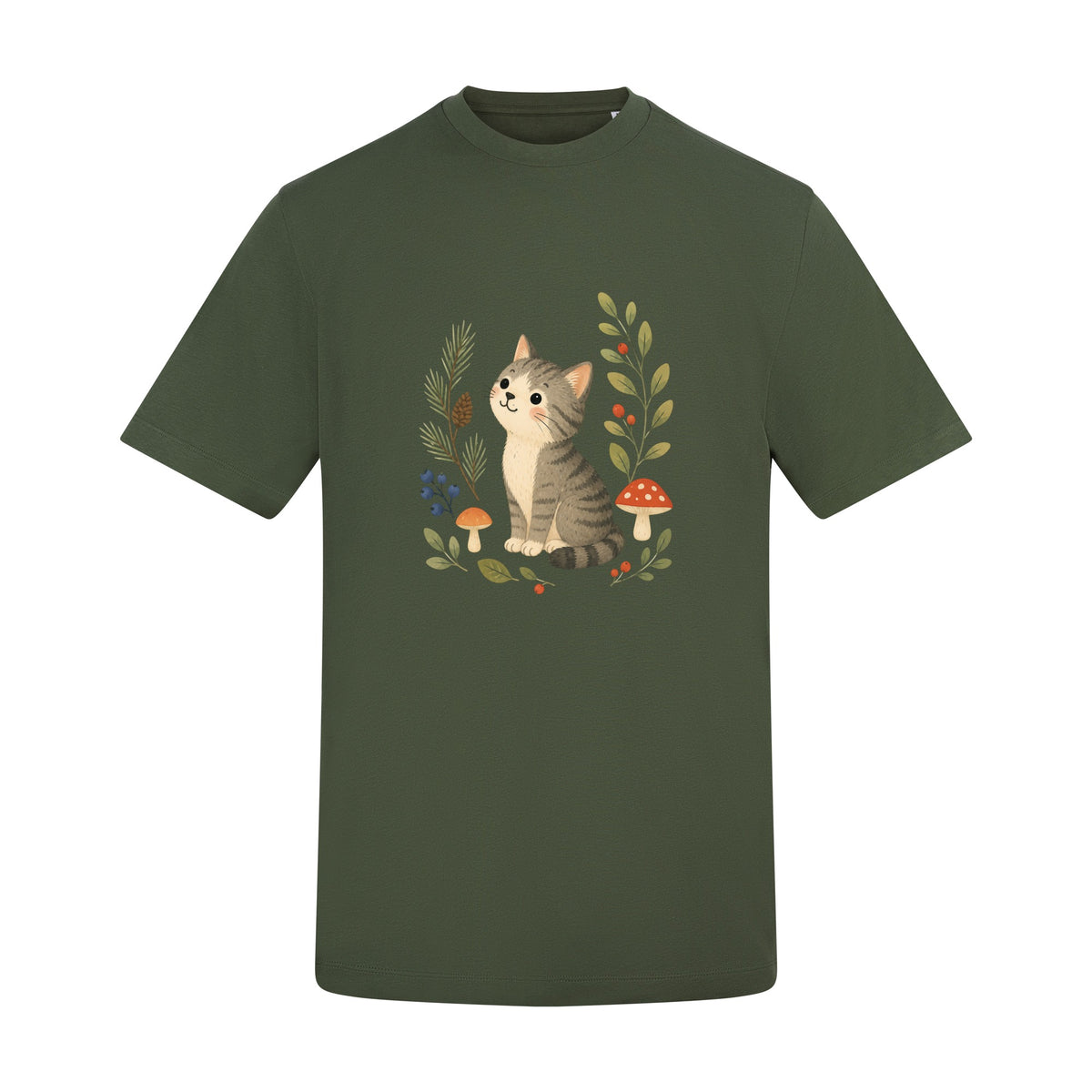 Kitten in the Pines Adult Unisex T-shirt - Once Upon a Woodland Earthy Green colour variant image