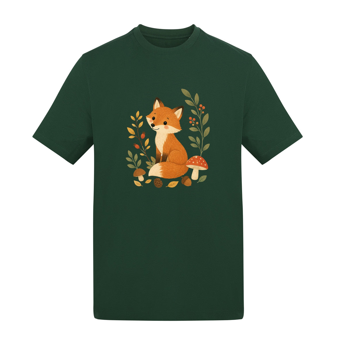 Fox Among the Toadstools Adult Unisex T-shirt - Once Upon a Woodland Bottle Green colour variant image