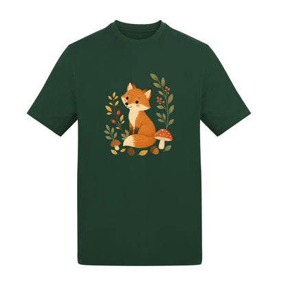 Fox Among the Toadstools Adult Unisex T-shirt - Once Upon a Woodland Bottle Green colour variant image