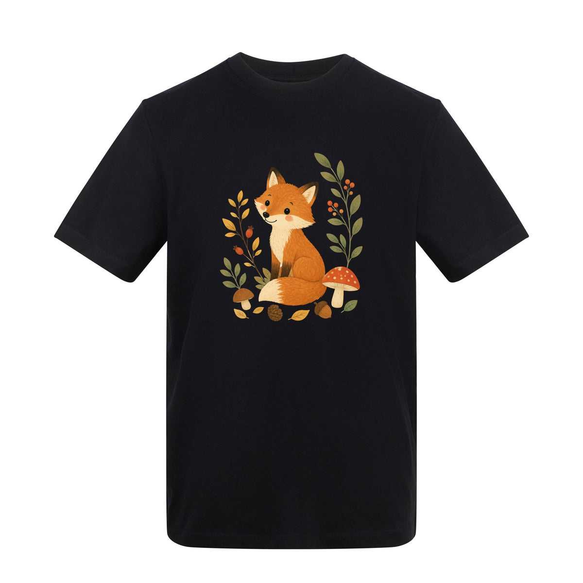 Fox Among the Toadstools Adult Unisex T-shirt - Once Upon a Woodland Deep Black colour variant image