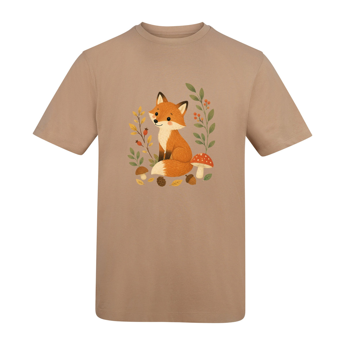 Fox Among the Toadstools Adult Unisex T-shirt - Once Upon a Woodland Desert Sand colour variant image