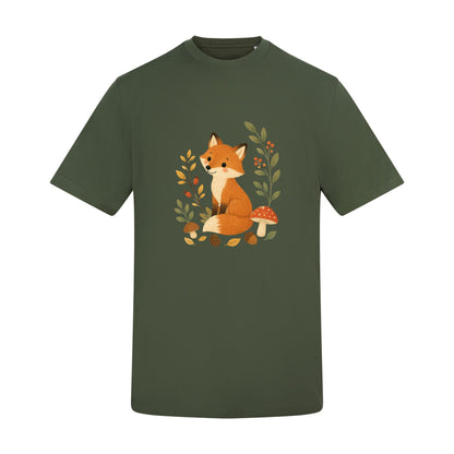 Fox Among the Toadstools Adult Unisex T-shirt - Once Upon a Woodland Earthy Green colour variant image