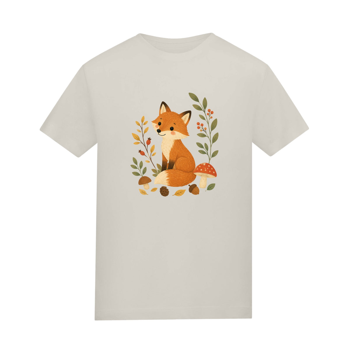 Fox Among the Toadstools Adult Unisex T-shirt - Once Upon a Woodland Natural Stone colour variant image