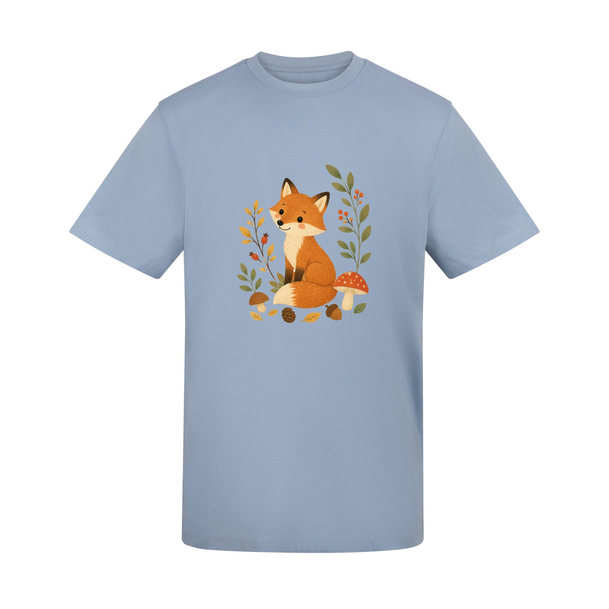 Fox Among the Toadstools Adult Unisex T-shirt - Once Upon a Woodland Sky Blue colour variant image