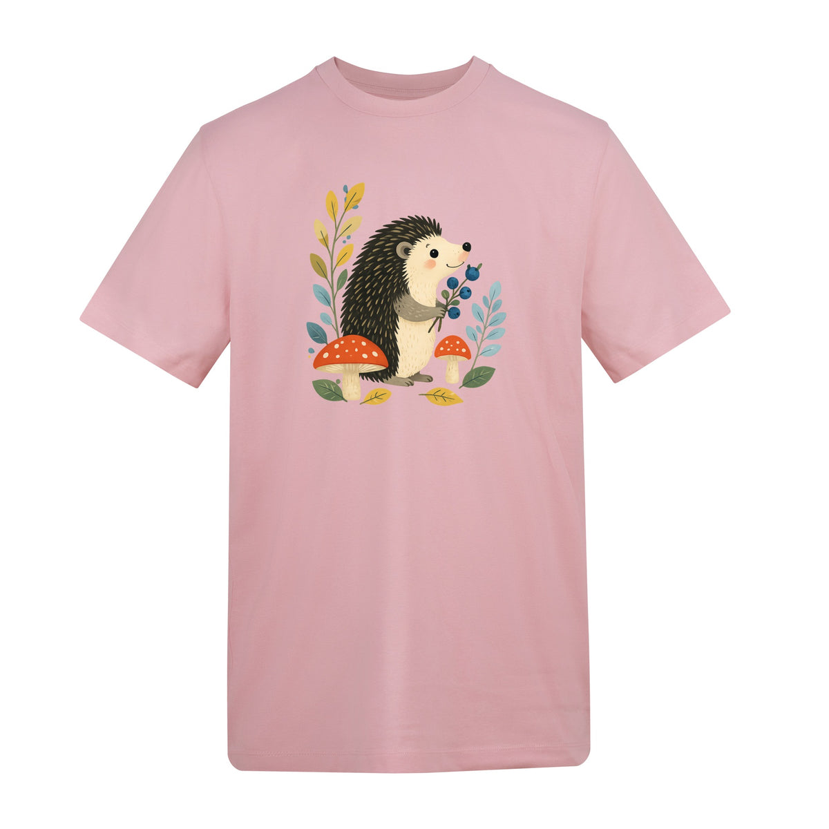 Hedgehog's Berry Harvest Adult Unisex T-shirt - Once Upon a Woodland Baby Pink colour variant image