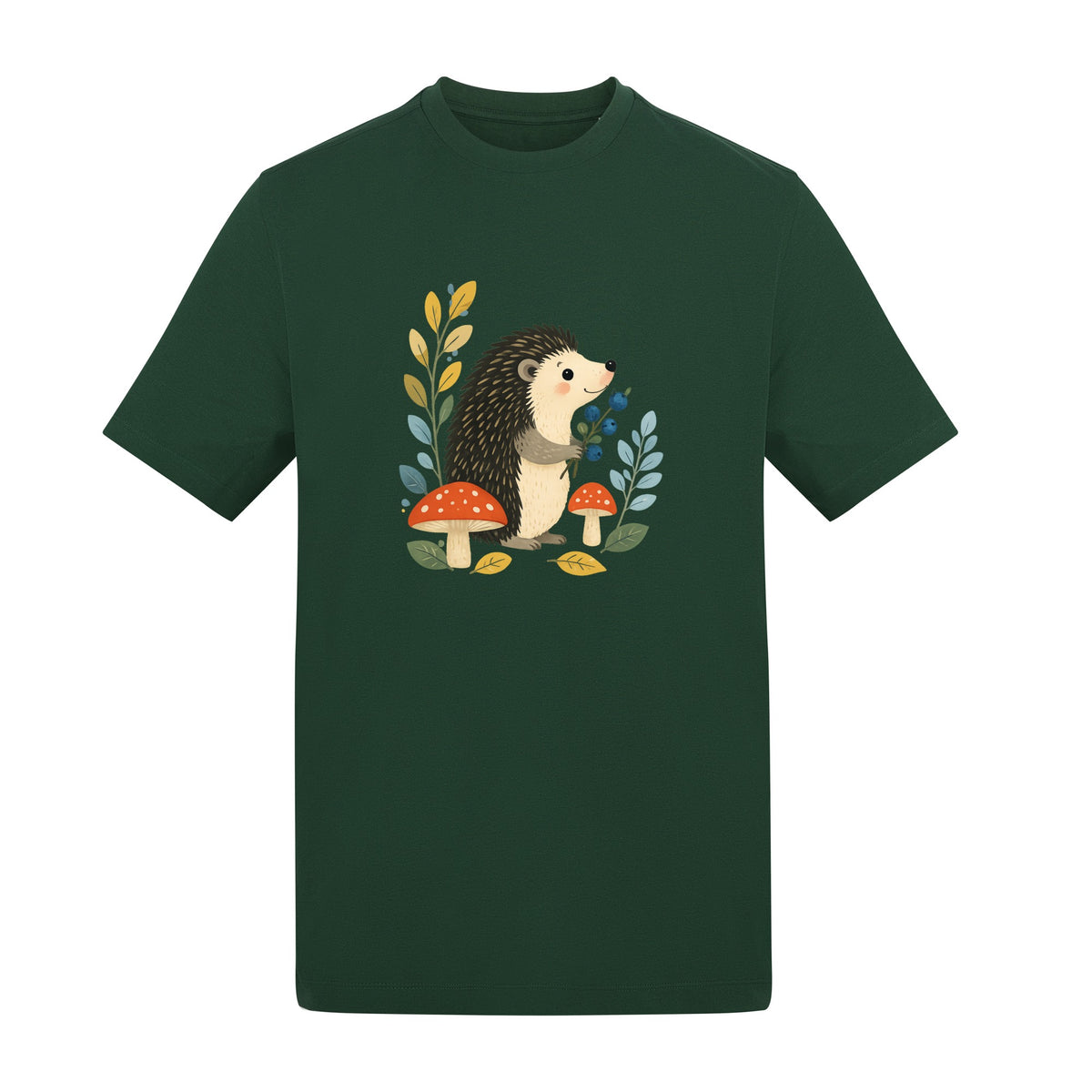 Hedgehog's Berry Harvest Adult Unisex T-shirt - Once Upon a Woodland Bottle Green colour variant image