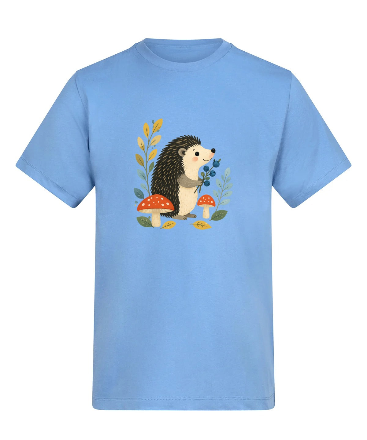 Hedgehog's Berry Harvest Adult Unisex T-shirt - Once Upon a Woodland Cornflower Blue colour variant image