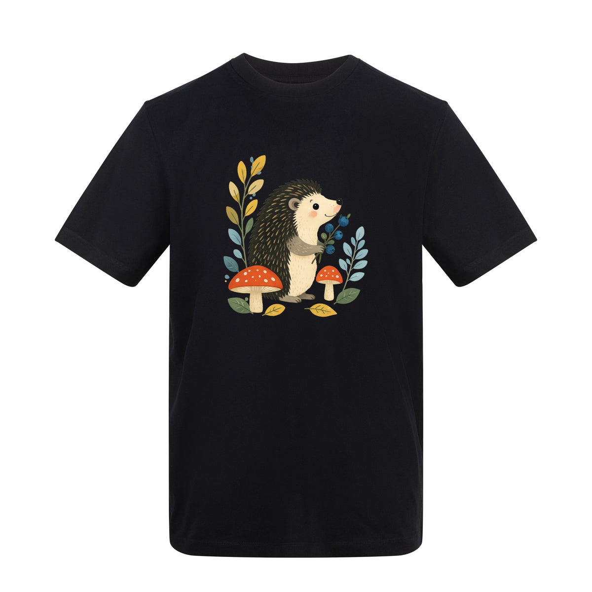 Hedgehog's Berry Harvest Adult Unisex T-shirt - Once Upon a Woodland Deep Black colour variant image