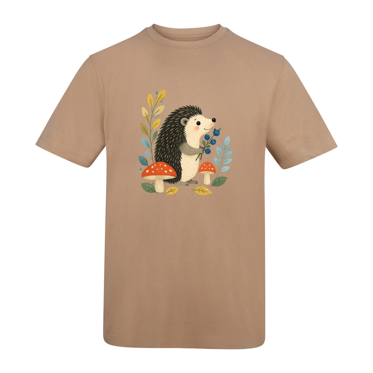 Hedgehog's Berry Harvest Adult Unisex T-shirt - Once Upon a Woodland Desert Sand colour variant image