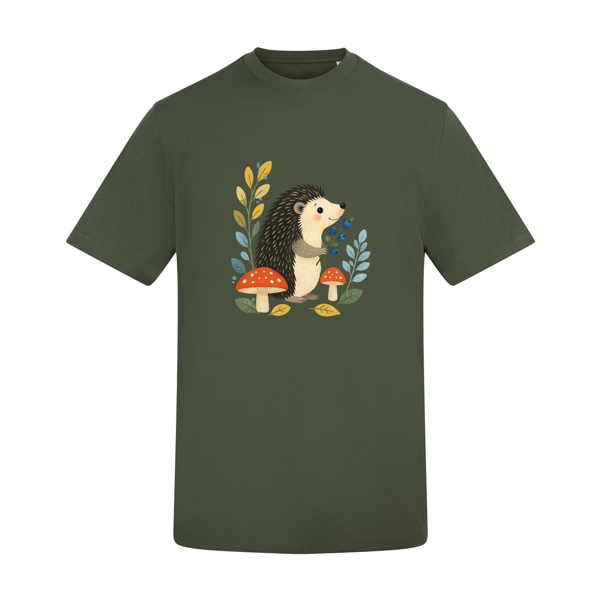 Hedgehog's Berry Harvest Adult Unisex T-shirt - Once Upon a Woodland Earthy Green colour variant image