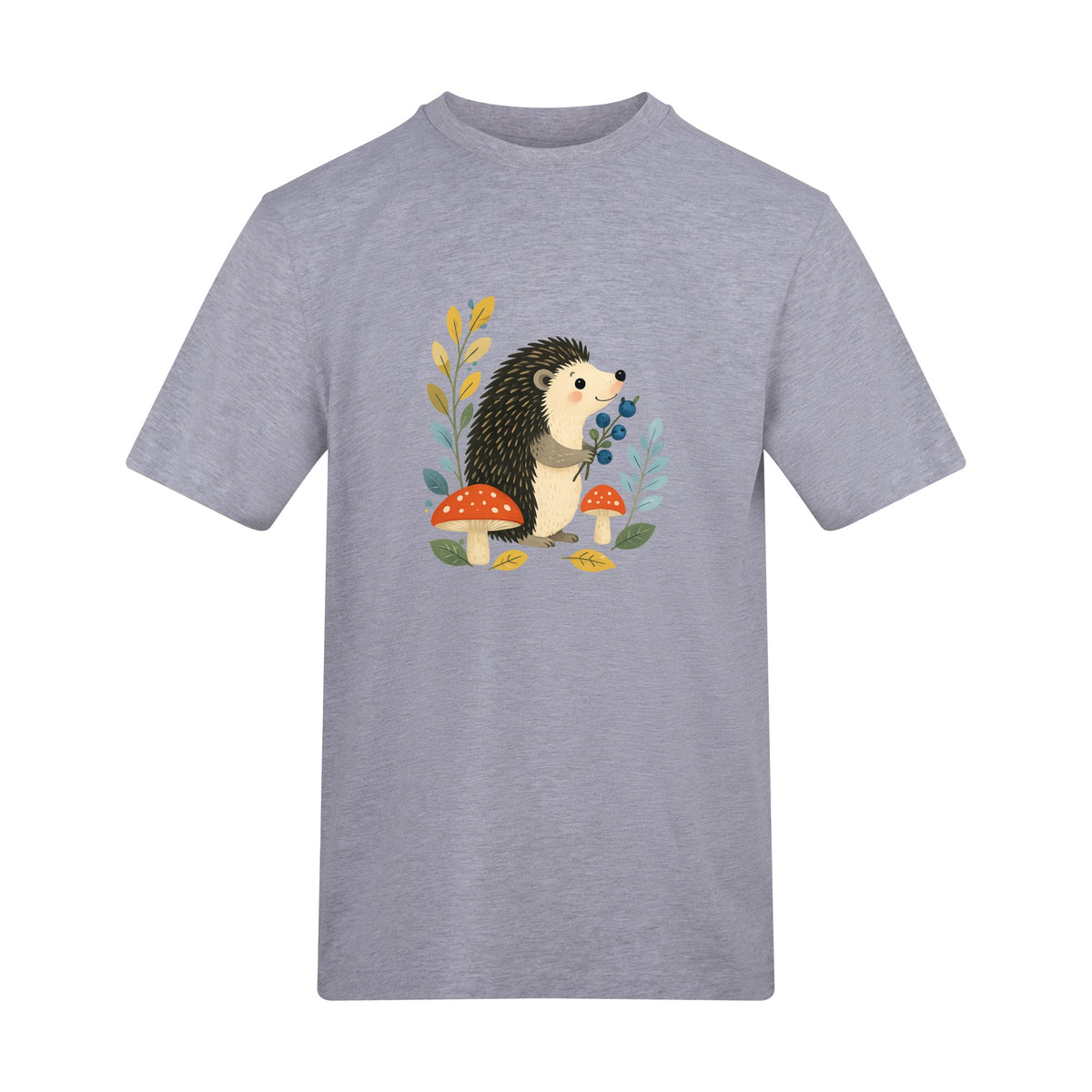 Hedgehog's Berry Harvest Adult Unisex T-shirt - Once Upon a Woodland Heather Grey colour variant image