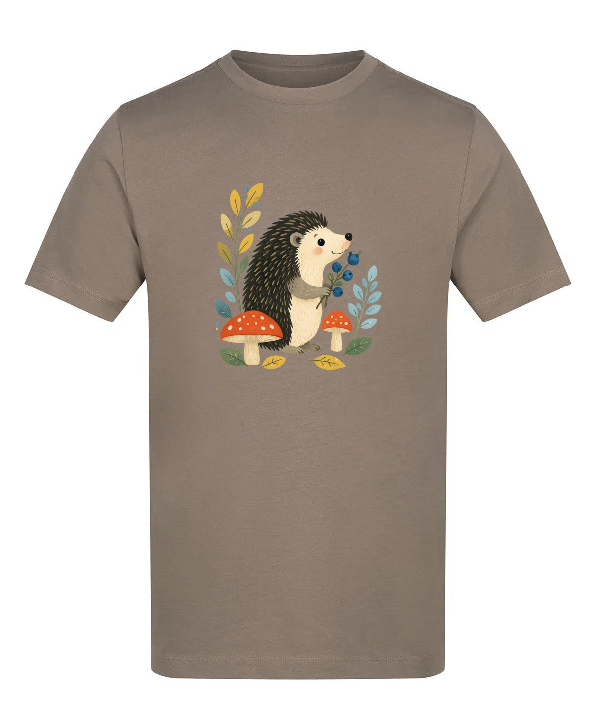 Hedgehog's Berry Harvest Adult Unisex T-shirt - Once Upon a Woodland Mocha Brown colour variant image