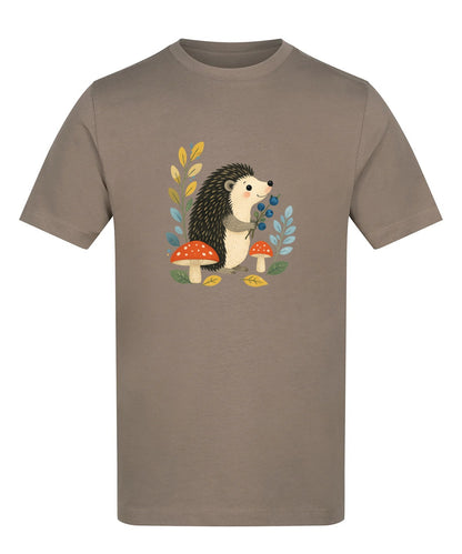 Hedgehog's Berry Harvest Adult Unisex T-shirt - Once Upon a Woodland Mocha Brown colour variant image
